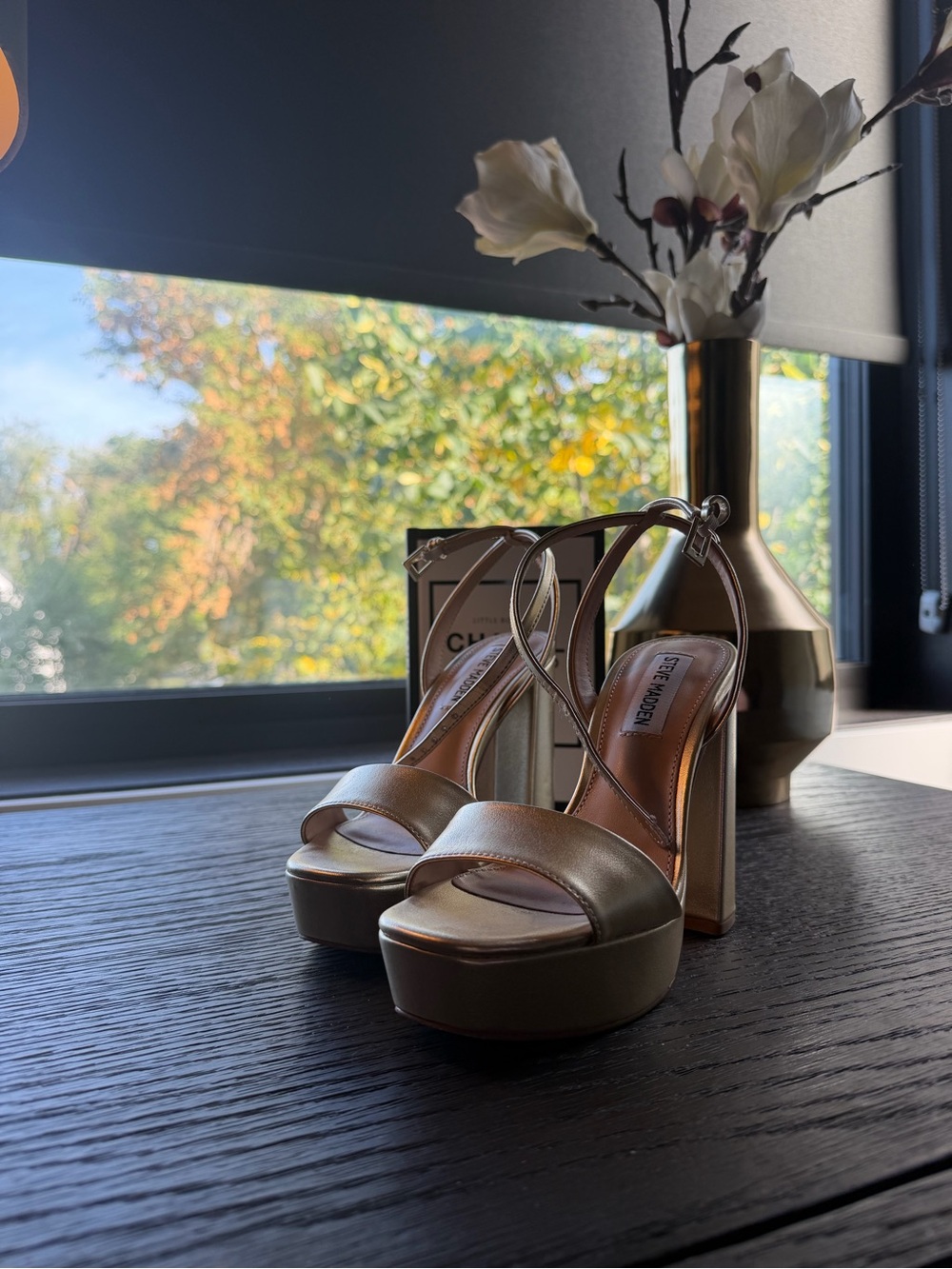 Steve Madden Metallic Gold Platform Block Heels with Ankle Strap